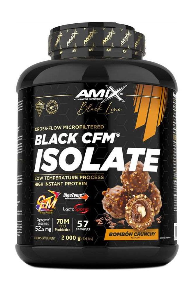 Amix Black Line Black CFM Isolate protein powder with low fat and added probiotics in a black container.