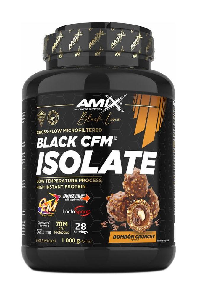 Amix Black Line Black CFM Isolate protein powder container with crunchy bombón flavor, promoting low-fat and high-quality ingredients.