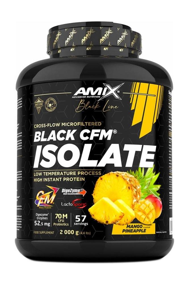 Amix Black Line Black CFM Isolate protein powder in mango-pineapple flavor, high protein, low fat, lactose-free.