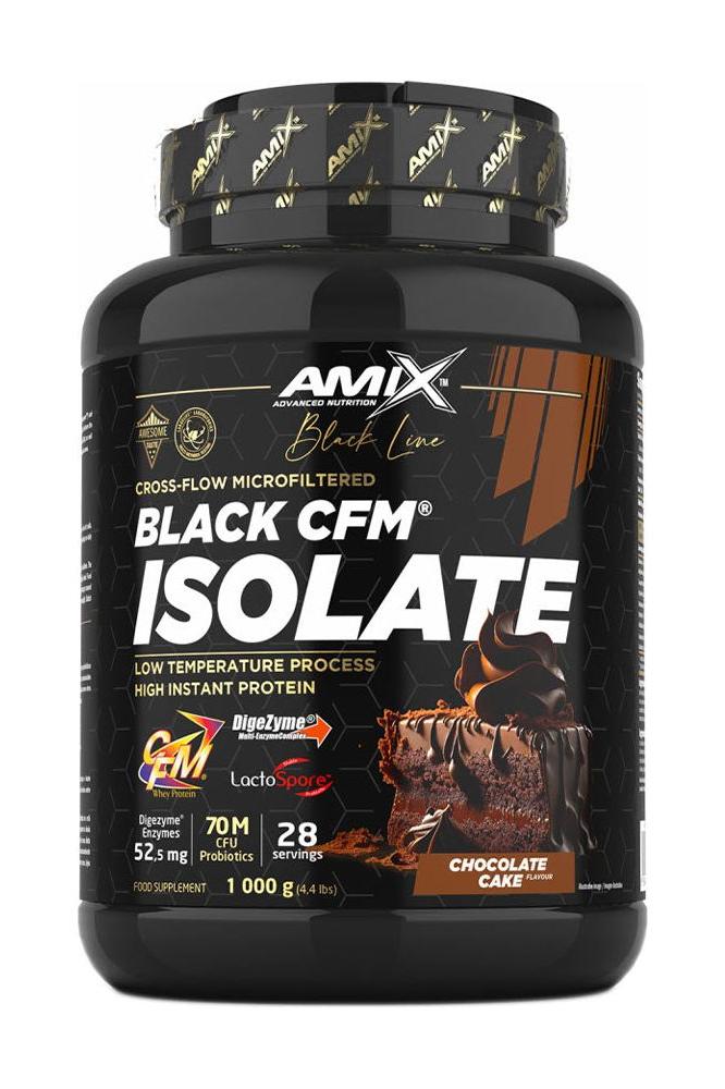 Amix Black Line Black CFM Isolate protein powder in chocolate cake flavor, with probiotics and low fat content.