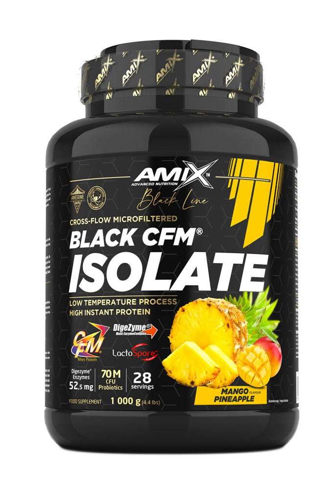 Amix Black CFM Isolate protein powder in mango-pineapple flavor, low fat, contains probiotics and digestive enzymes.