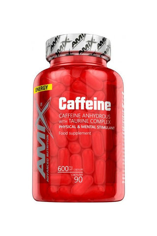 Amix Caffeine with Taurine 90 Capsules bottle, a food supplement for enhanced energy and focus.