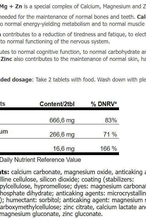 Amix Calcium, Magnesium, and Zinc supplement facts table with nutrient content per serving.