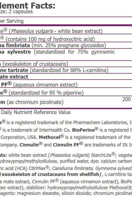 Supplement facts for Amix Carb Blocker, detailing ingredients and servings per capsule.