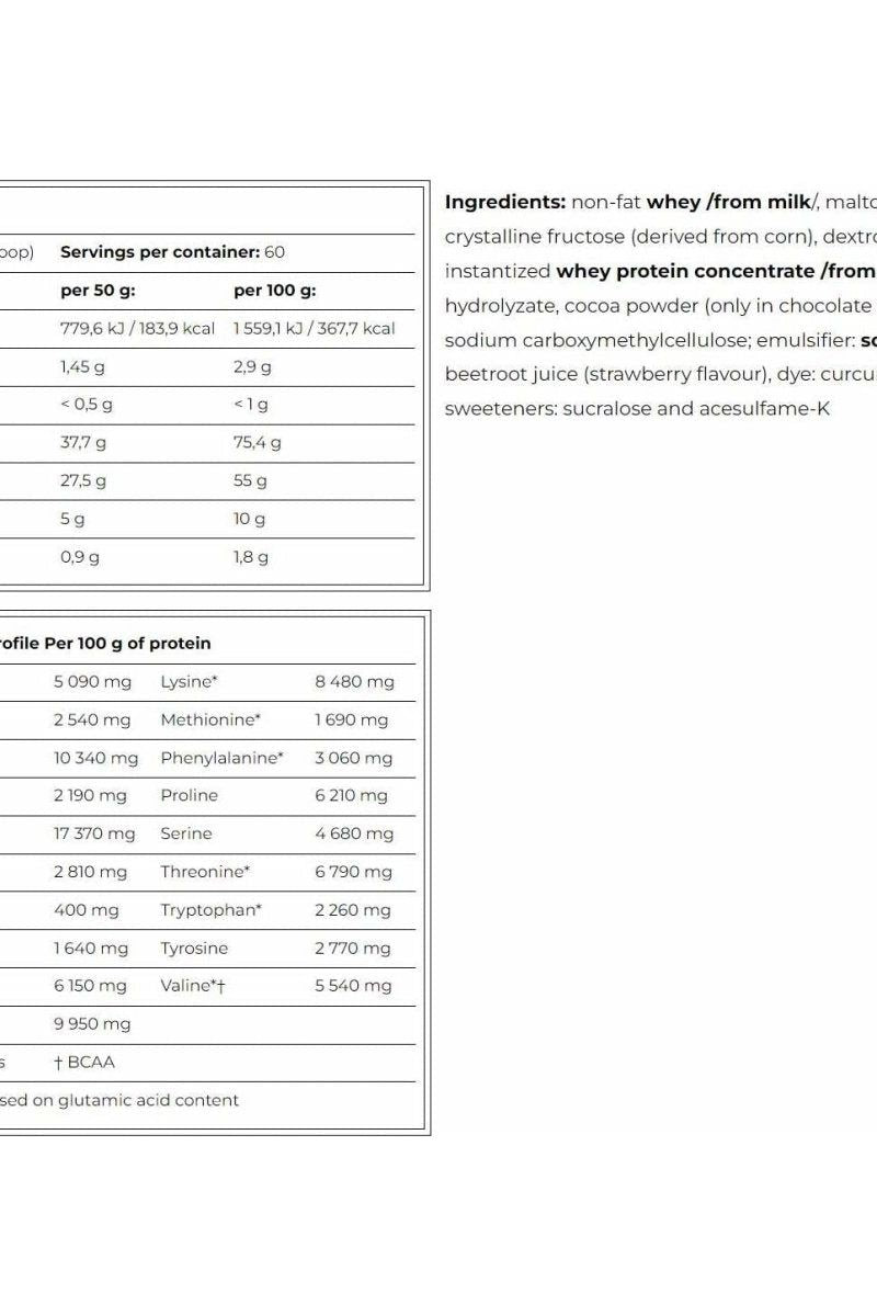 Ingredient and nutritional information for Amix CarboJet Basic, detailing whey protein and amino acid profile.