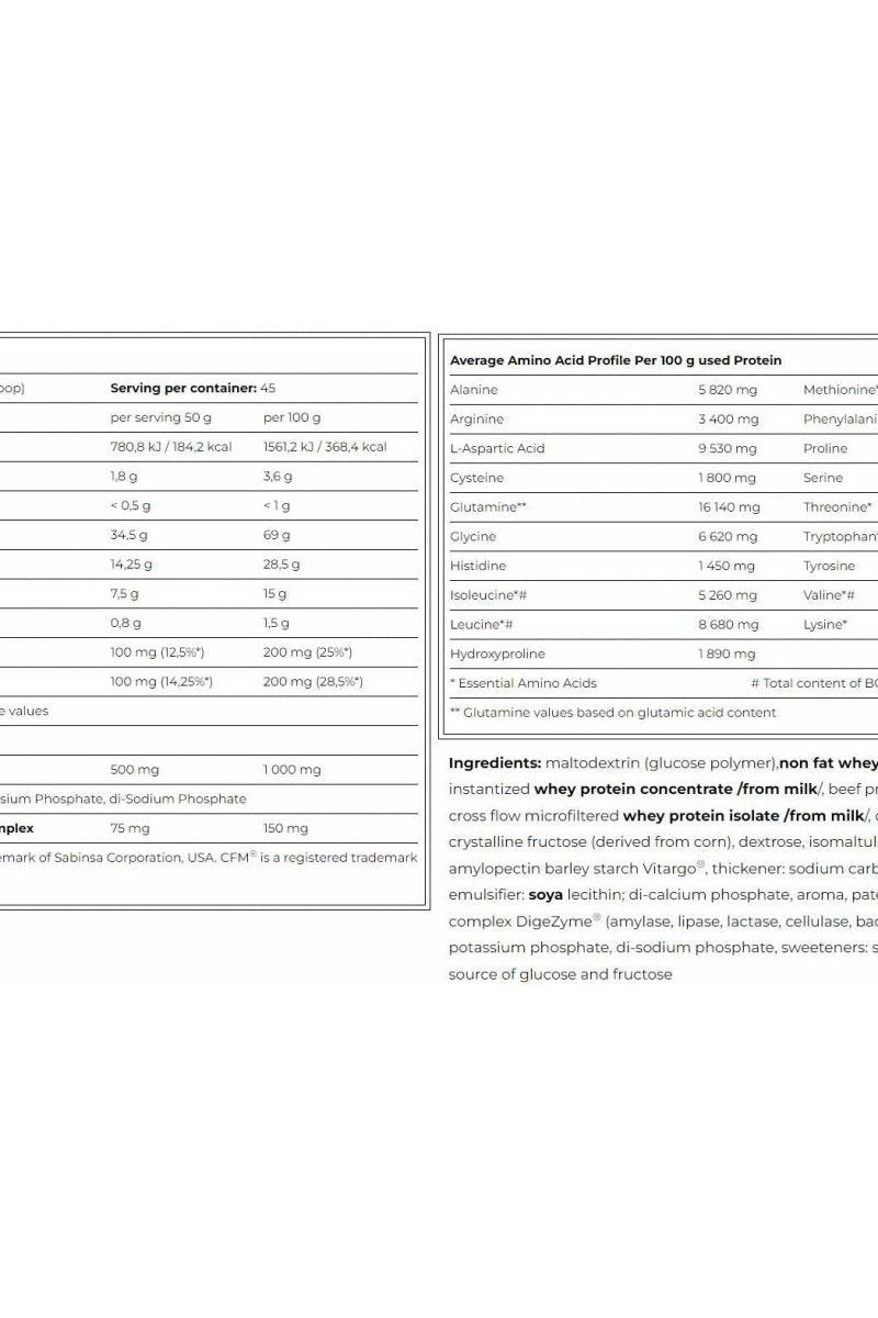 Nutritional information for Amix - CarboJet™ Gain including serving size, amino acid profile, and ingredient list.