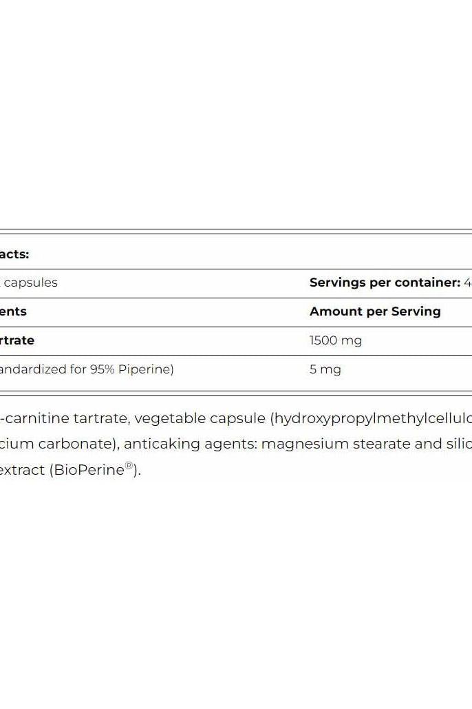 Supplement facts for Amix CarniLine capsules, including L-Carnitine and BioPerine dosage information.