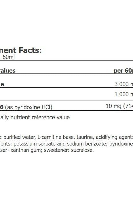 Amix CarniShot 3000 supplement facts showing L-carnitine, taurine, and vitamin B6 content per 60 ml.