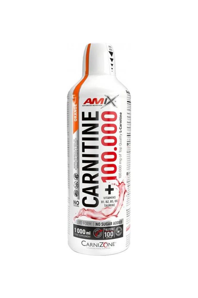 Amix Carnitine 100.000 bottle featuring L-carnitine, B-vitamins, and taurine for energy support.