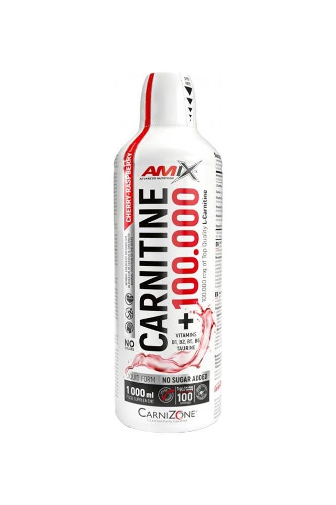 Amix Carnitine 100.000 bottle, featuring superconcentrated L-carnitine with taurine and B-vitamins for energy support.