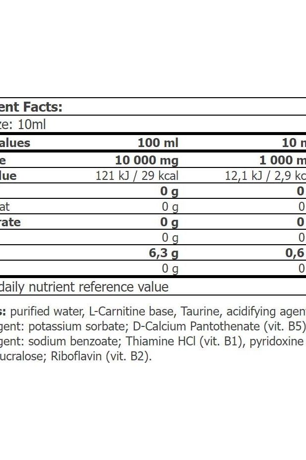 Nutritional information for Amix Carnitine 100.000 showing ingredients, values, and benefits per serving.