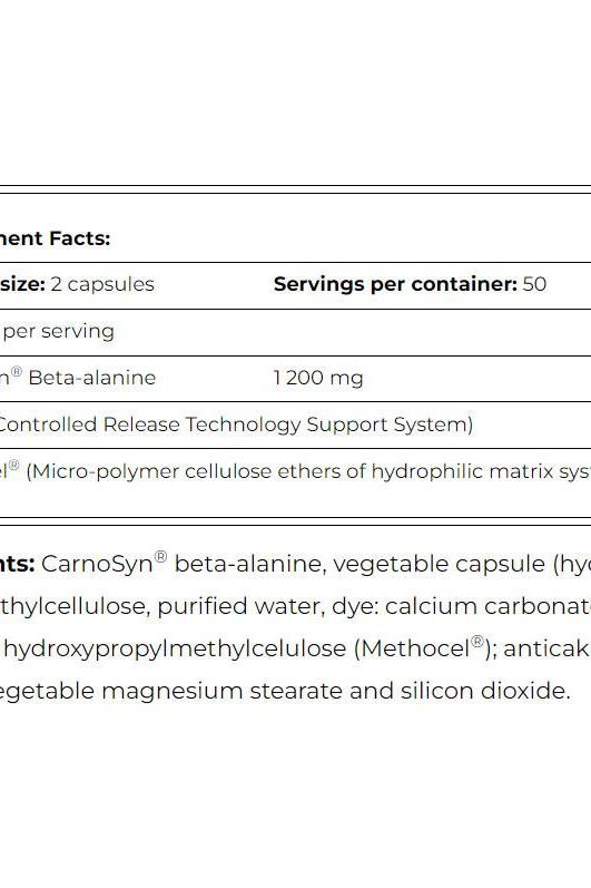 Supplement facts for Amix CarnoSyn Beta-Alanin, showing ingredients and servings per container.