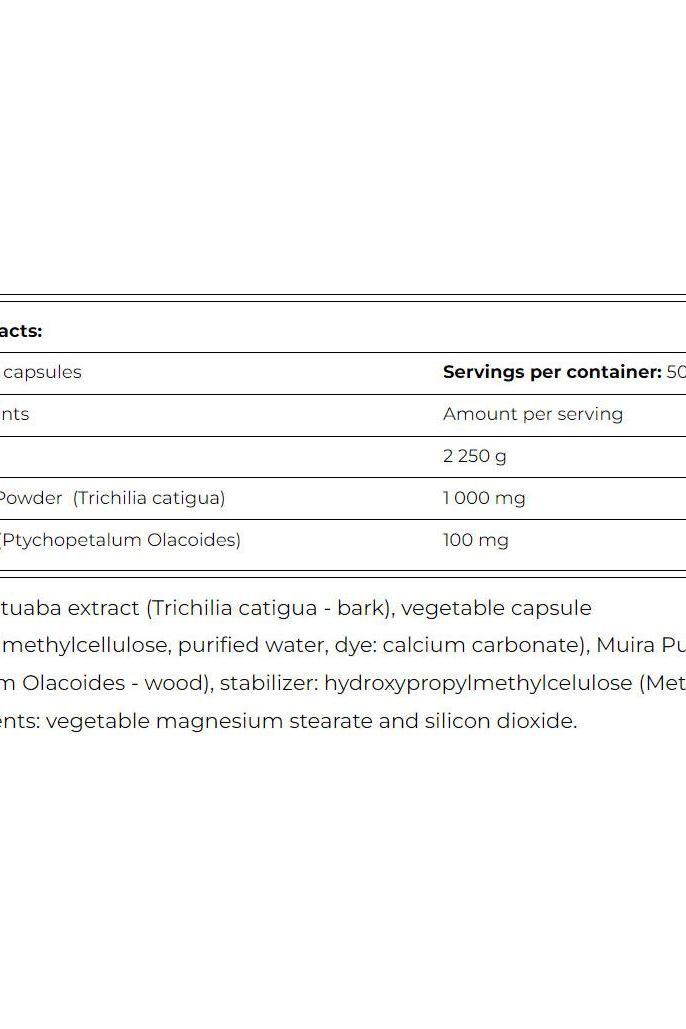 Nutritional information for Amix CatuaBolix 100 capsules, showcasing ingredients and servings per container.