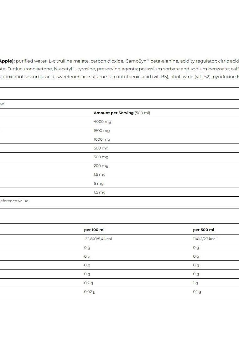 Nutritional information for Amix Cell Up Pre Workout Drink Zero Sugar, Pepino Apple flavor, 500 ml.