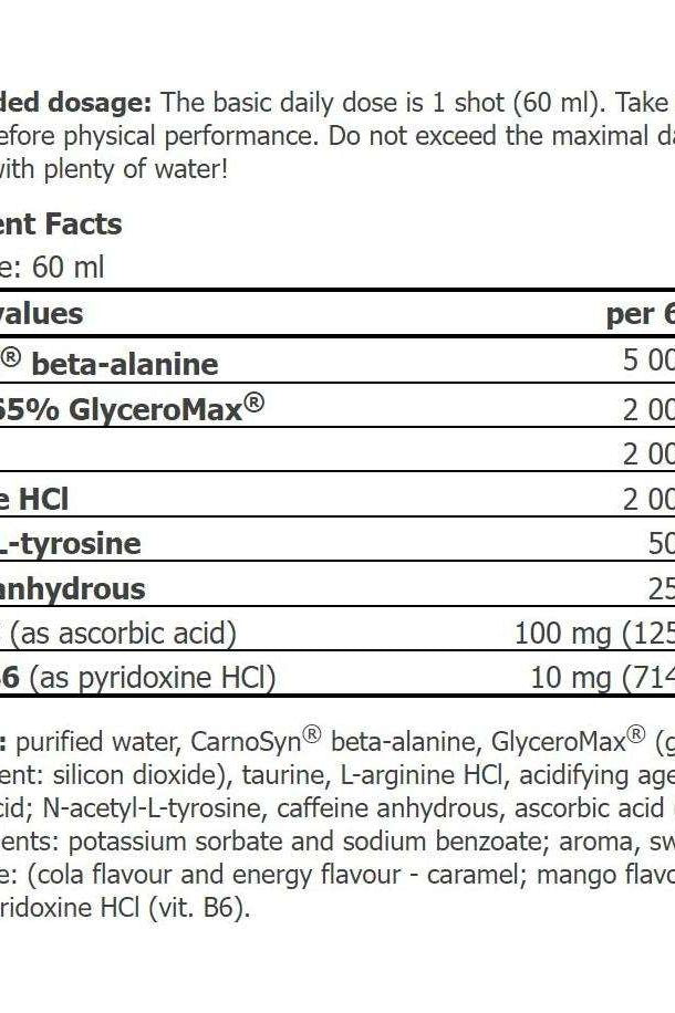 Nutritional information for Amix CellUp® SHOT showing ingredients and dosages in a table format.
