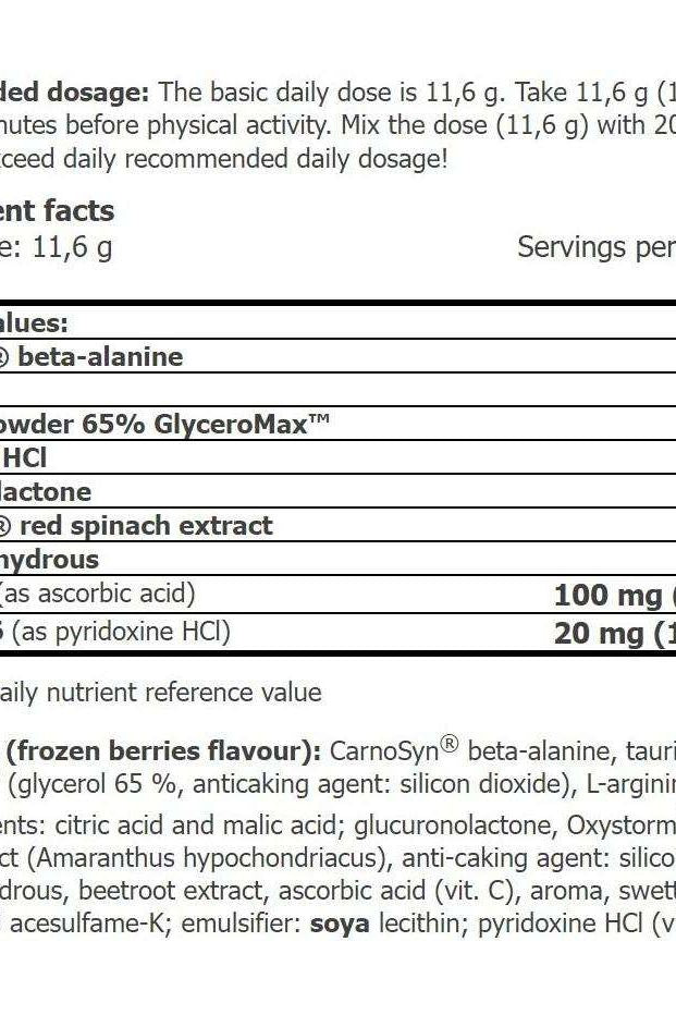 Nutritional information for Amix CellUp with Oxystorm, including ingredients and recommended dosage.