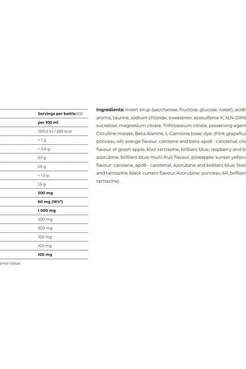 Ingredient and nutritional information for Amix Champion Sports Fuel syrup per 100 ml serving.