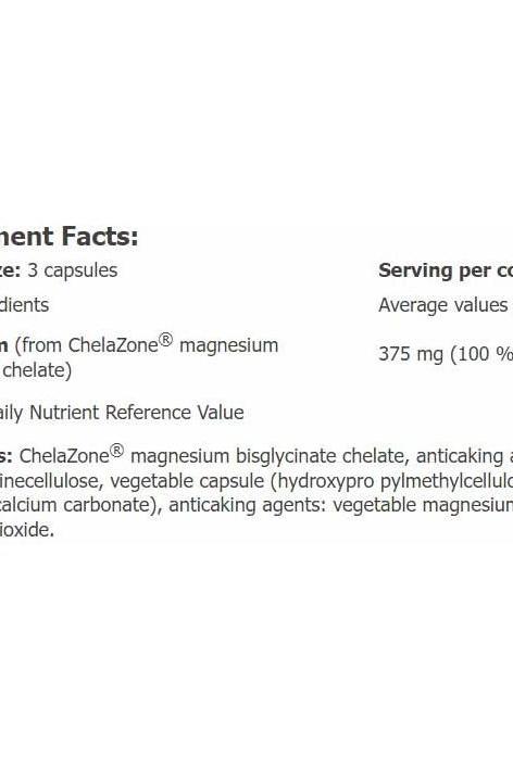 Supplement facts for Amix ChelaZone MagneChel, highlighting magnesium content and ingredients.