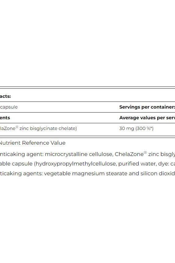 Amix ZincChel supplement facts showing ingredients and serving details for high-quality zinc capsules.