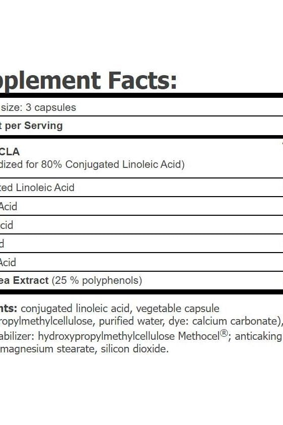 Supplement facts for Amix CLA 1200 + Green Tea showing ingredients and nutritional information.