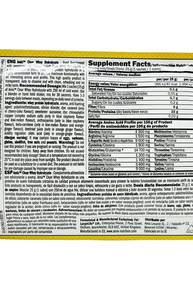 Supplement facts for Amix Clear Whey Hydrolyzate, showing nutritional information and amino acid profile.