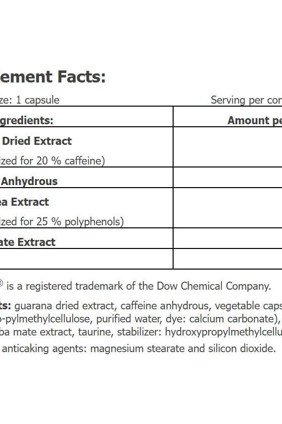 Supplement facts for Amix CoffiTime® capsules, including ingredients and nutritional information.