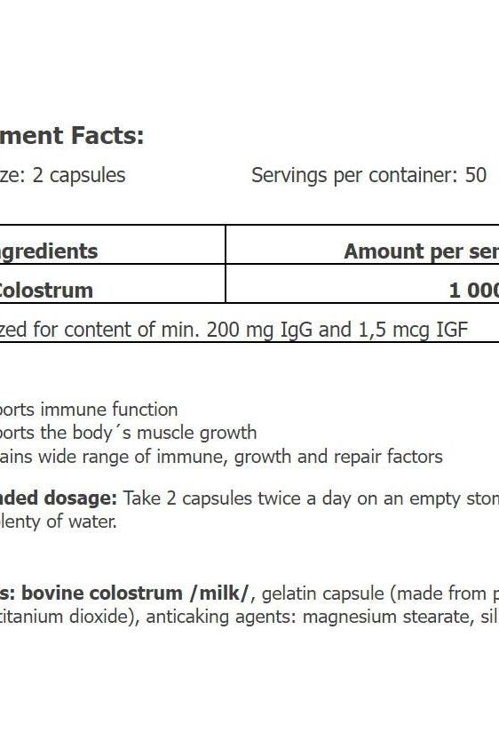 Nutrition label for Amix Colostrum 1000mg capsules, showing ingredients and health benefits.