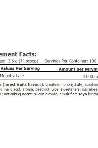 Nutrition facts for Amix Creatine Monohydrate Drink showing serving size and ingredients list.
