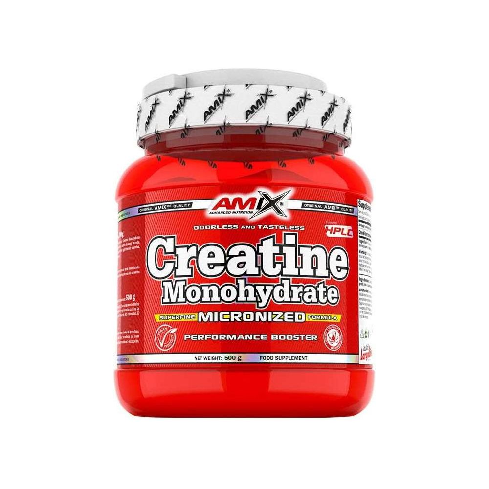 Amix Creatine Monohydrate supplement jar for enhanced athletic performance and muscle recovery.