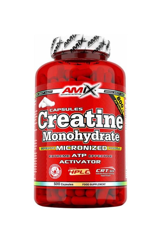 Amix Creatine Monohydrate capsules in red container, 500 capsules for enhanced physical performance and muscle recovery.