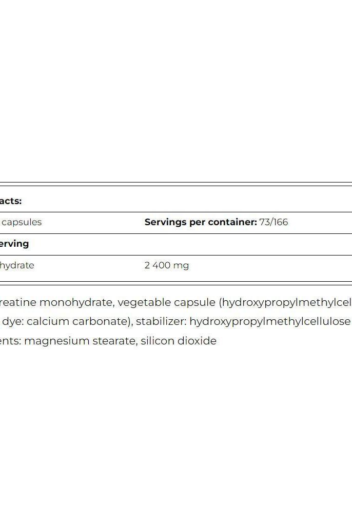 Amix Creatine Monohydrate nutrition facts, serving size, and ingredient details in capsule form.