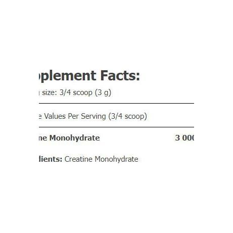 Supplement facts for Amix Creatine Monohydrate showing serving size and nutrient information.