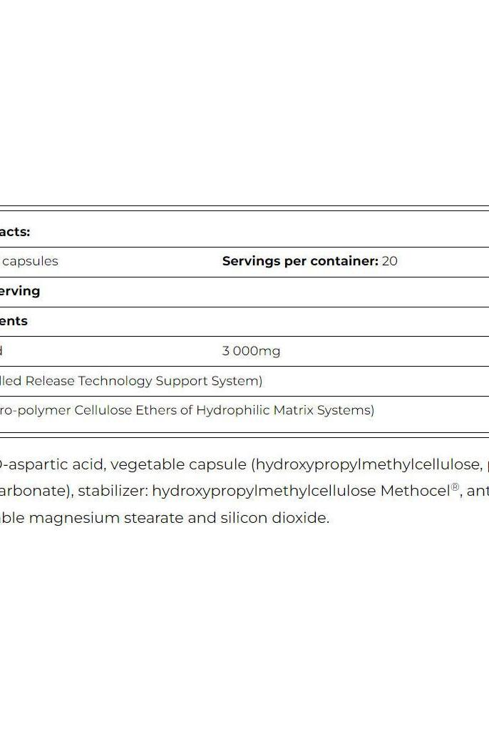 Nutrition facts label for Amix D-AA Max Pure capsules, detailing ingredients and serving size.