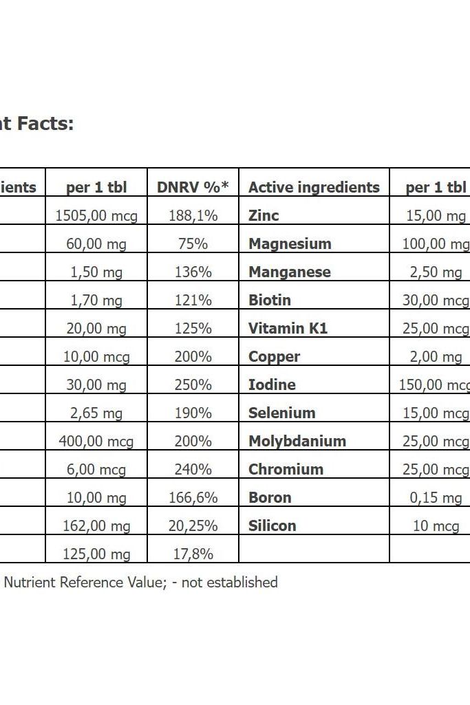 Nutritional information for Amix Daily One tablets, detailing vitamins and minerals per serving.