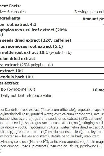Supplement facts label for Amix Diuretic Complex, detailing ingredients and nutrients in each capsule.