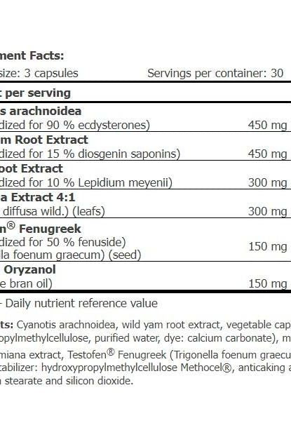 Nutritional information for Amix Ecdy-Sterones, detailing ingredients and servings per container.