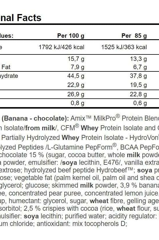 Nutritional facts for Amix Exclusive Protein Bar, detailing protein, fat, and carbohydrate content per serving.