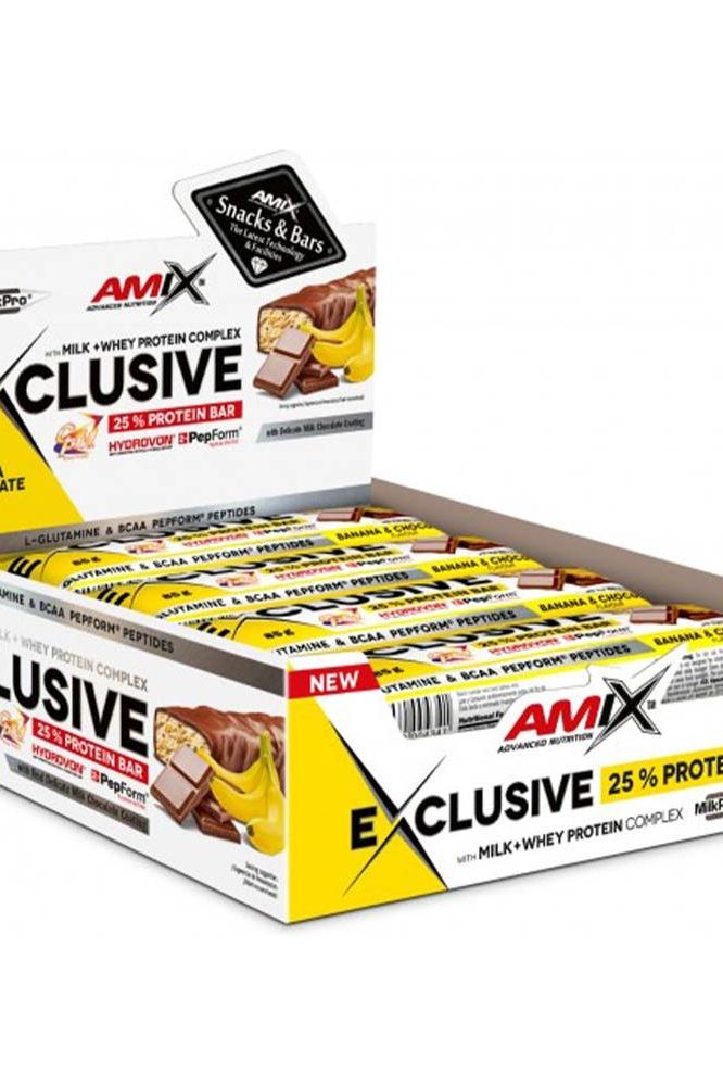 Amix Exclusive Protein Bar box featuring 25% protein, ideal for workouts and recovery, with chocolate flavor.