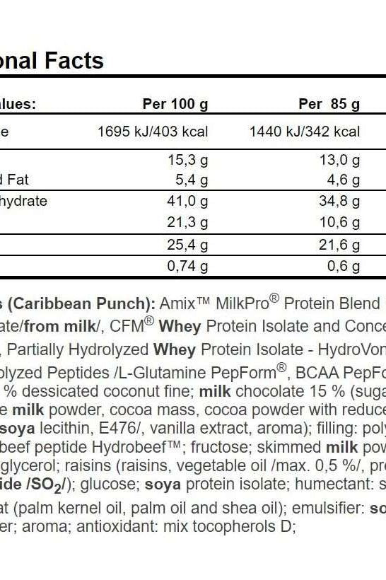Nutritional facts for Amix Exclusive Protein Bar, detailing calories, protein, fat, and ingredients per serving.