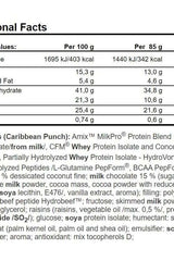 Nutritional facts for Amix Exclusive Protein Bar, detailing calories, protein, fat, and ingredients per serving.