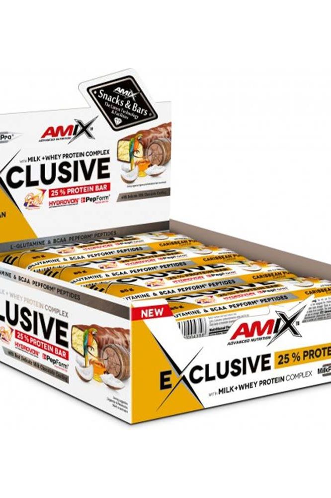 Amix Exclusive Protein Bar display featuring milk and whey protein complex, offering 25% protein per bar for muscle recovery.