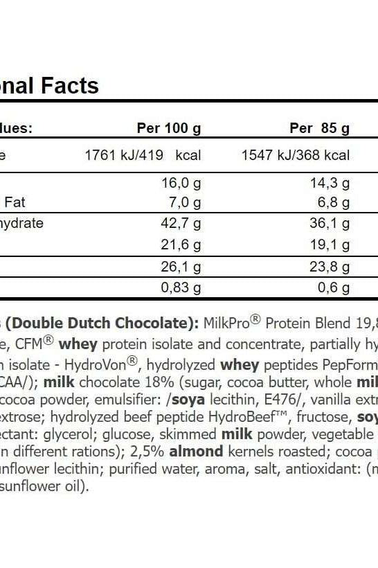 Nutritional facts for Amix Exclusive Protein Bar, showing calories, protein, fat, carbohydrates, and ingredients per serving.