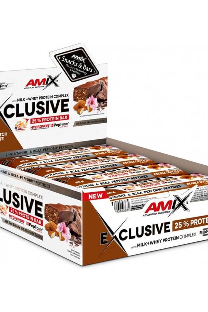 Amix Exclusive Protein Bar box featuring 25% protein content, ideal for muscle recovery and convenient snacking.