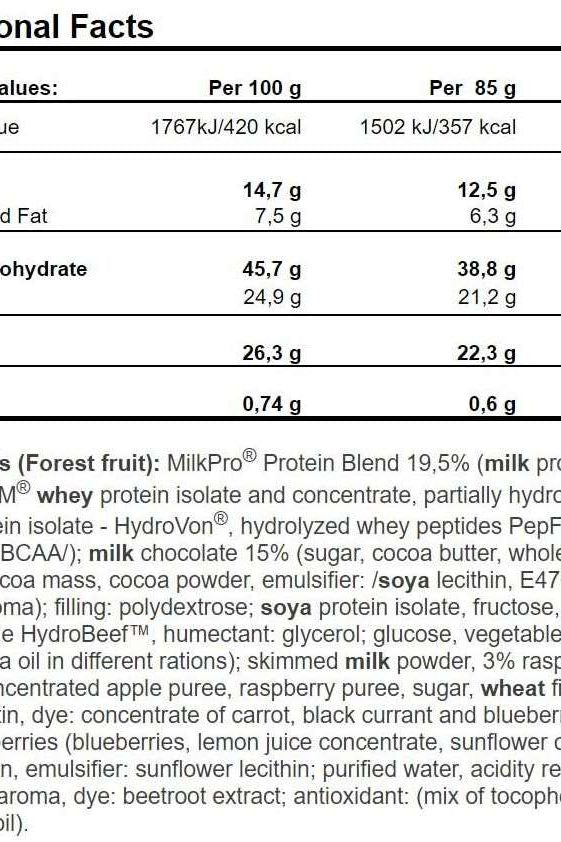 Nutritional facts table for Amix Exclusive Protein Bar showing protein, carbs, fats, and ingredients.