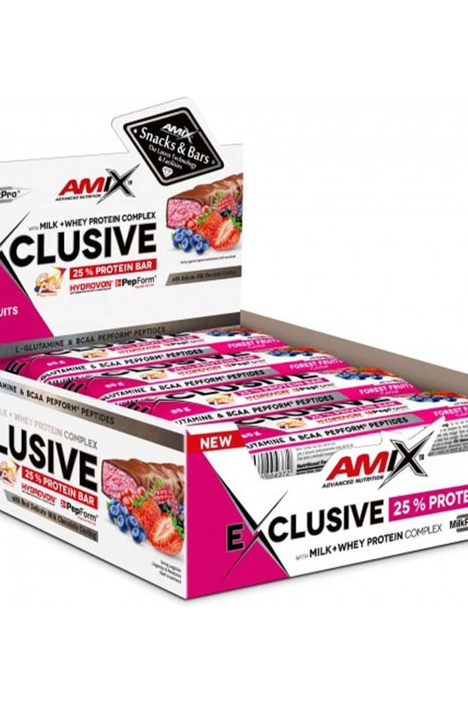 Amix Exclusive Protein Bar box featuring assorted flavors, high in protein for workouts and recovery, convenient snack option.