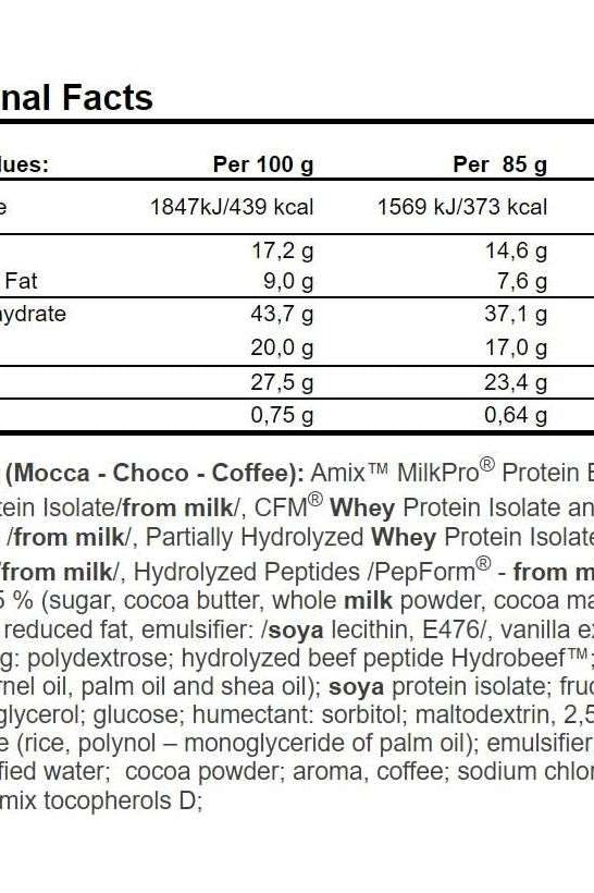 Nutritional facts for Amix Exclusive Protein Bar, detailing protein, fat, and carbohydrate content per serving.