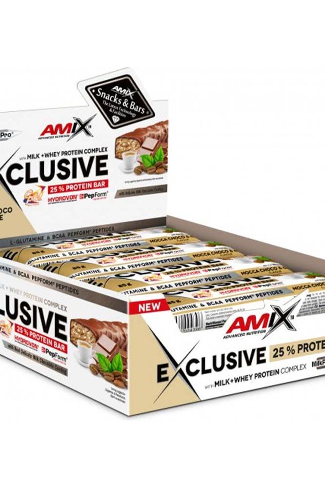 Amix Exclusive Protein Bar box showcasing high-protein snack with 25% protein per bar, ideal for workouts and recovery.
