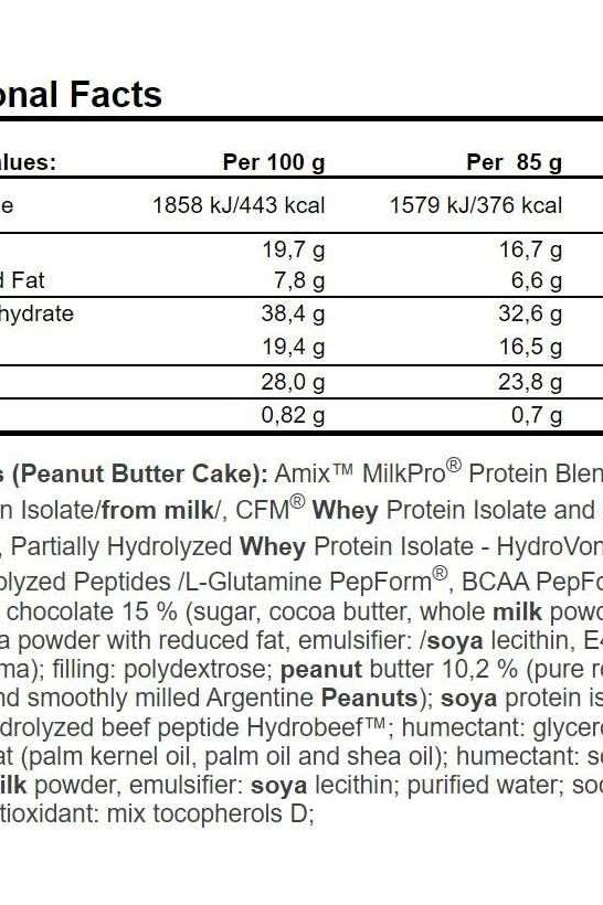 Nutritional facts for Amix Exclusive Protein Bar, highlighting protein content and ingredients.