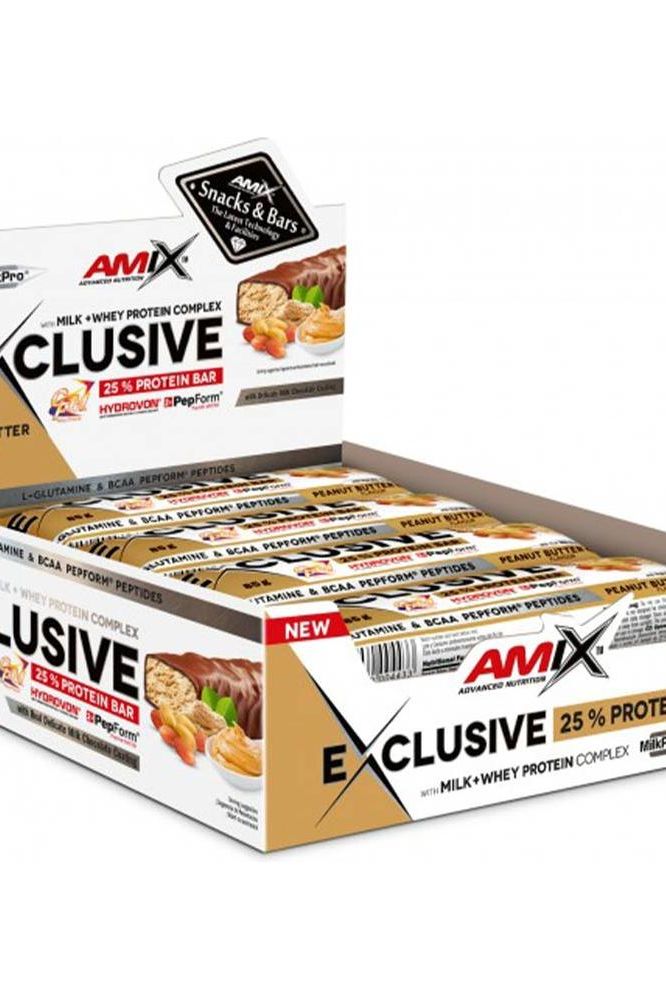 Amix Exclusive Protein Bars display box featuring 25% protein content, perfect for snacks and post-workout recovery.