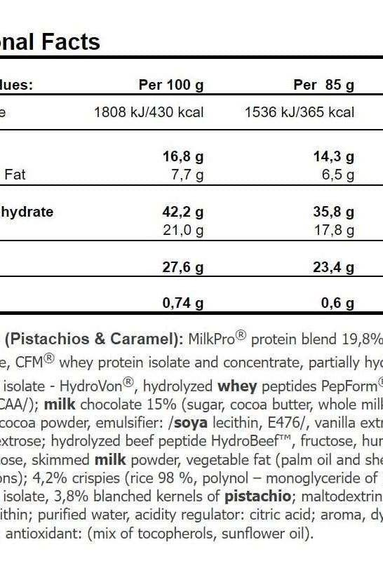 Nutritional facts for Amix Exclusive Protein Bar highlighting protein, fat, carbs, and ingredients.